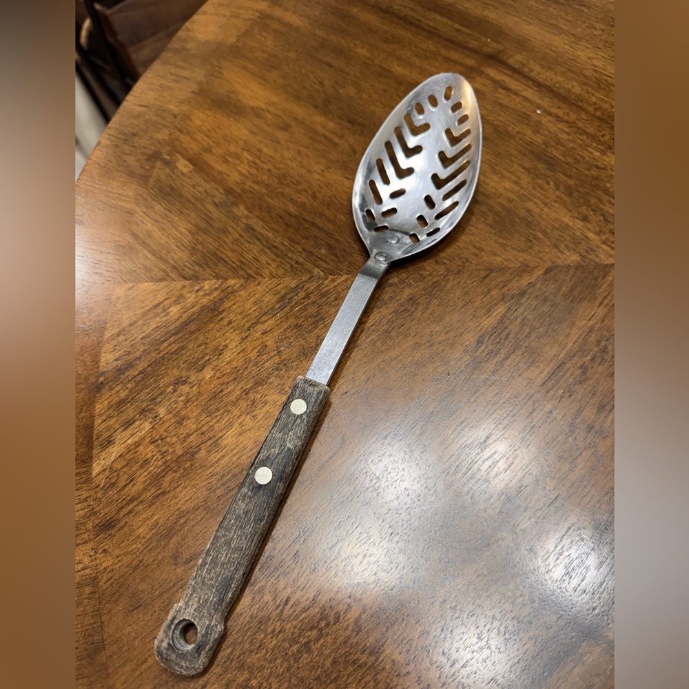 Vintage Slotted Spoon wooden handle HAPPY HOME Stainless USA